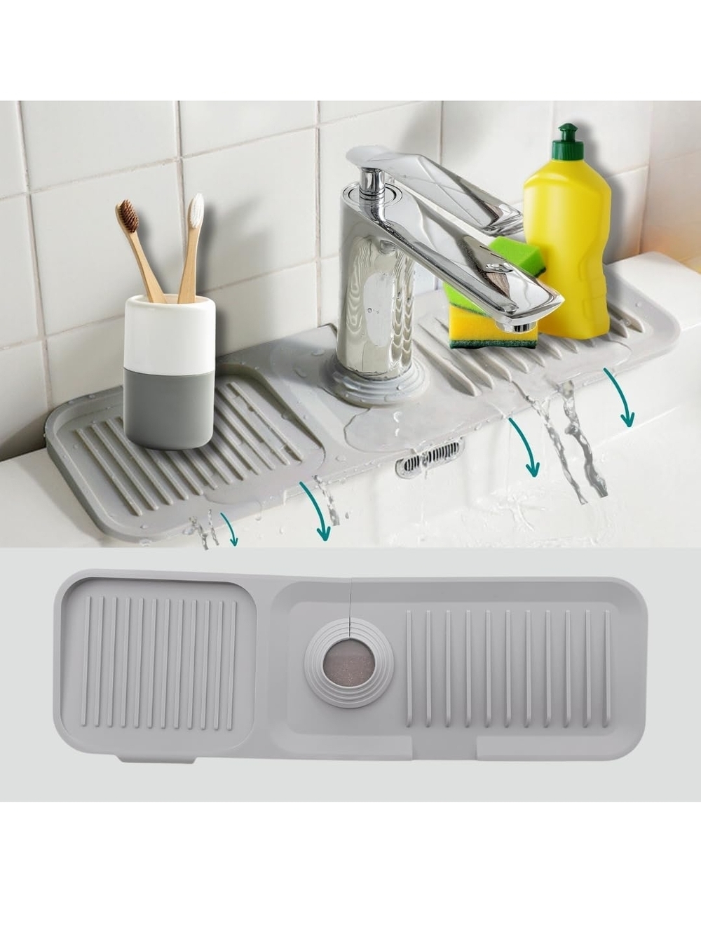 Gray Sink Drain Tray Organizer - Universal Overflow Mat